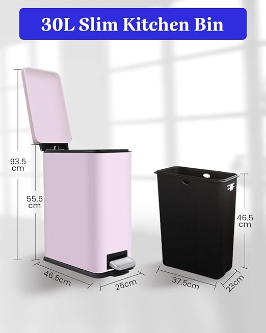 Kitchen Rubbish Bin, 30 L, Slim Pedal Bin with Lid, Stainless Steel Kitchen Rubbish Bin with Inner Bucket, Rectangular Waste Bin for Kitchen, Bathroom, Bedroom, Office, Pink