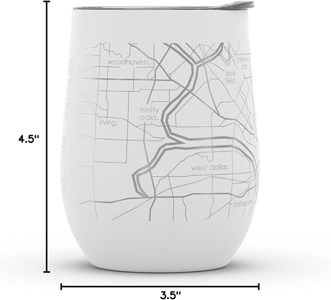 Well Told Engraved Dallas Texas Map Insulated Wine Tumbler, Etched Stainless Steel Wine Tumbler (12 oz, White) City Map Insulated Tumbler, Custom Insulated Tumbler, Outdoor Drinkware