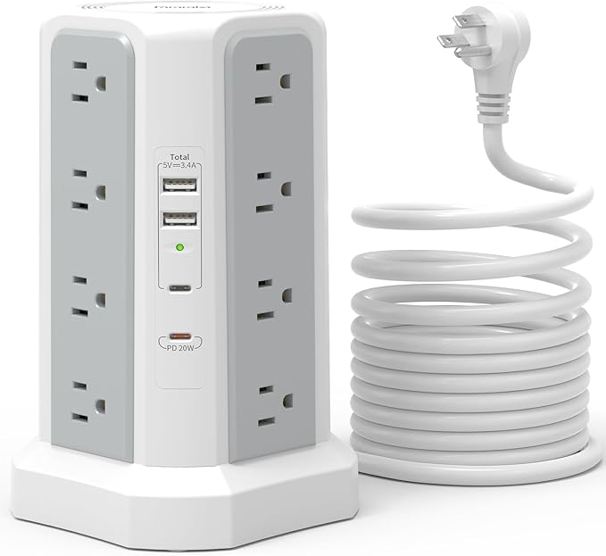 Surge Protector Power Strip with PD20W USB C,13A Thicker Extension Cord with Multiple Outlets 6FT Fararaka Tower Power Strip with USB Ports 2A2C,16AC,Office Supplies Dorm Essentials
