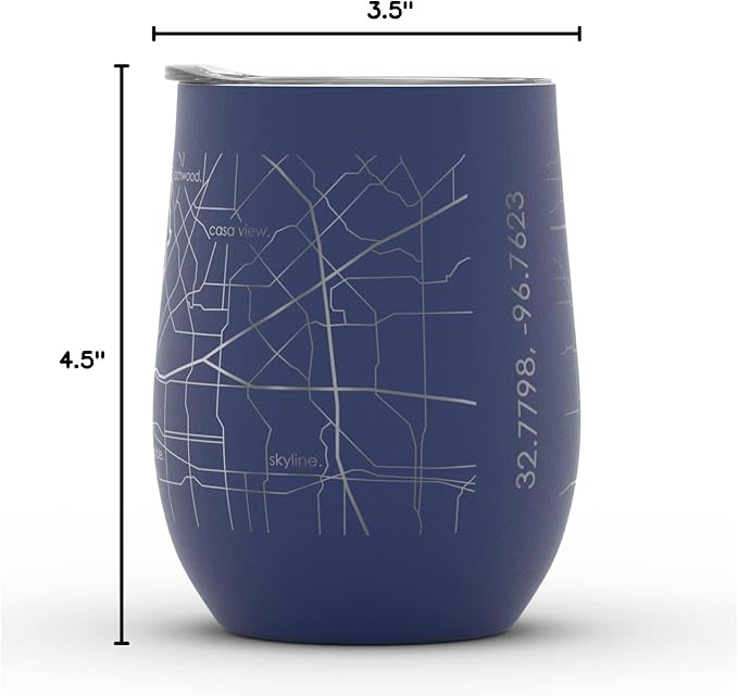 Well Told Engraved Dallas Texas Map Insulated Wine Tumbler, Etched Stainless Steel Cup (12 oz, Midnight Blue) City Map Insulated Tumbler, Custom Insulated Tumbler, Outdoor Drinkware