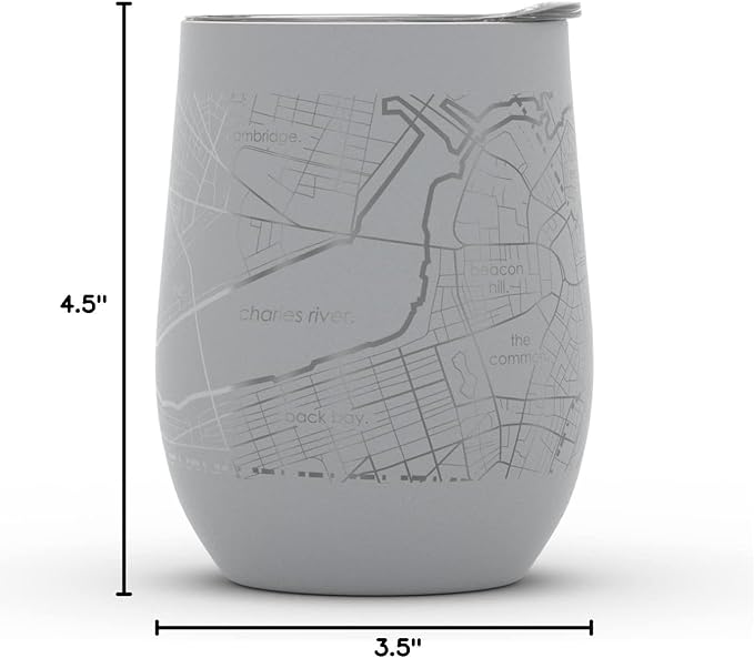 Well Told Engraved Boston Massachusetts Map Insulated Wine Tumbler, Etched Stainless Steel Cup (12 oz, Dockside Gray) City Map Insulated Tumbler, Custom Insulated Tumbler, Outdoor Drinkware