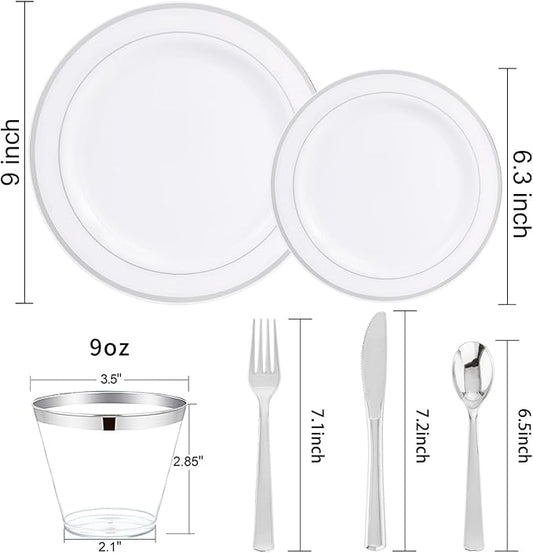 WELLIFE 600 Pcs Sliver Disposable Dinnerware for 100 Guests, Dinnerware Set of 100 Dinner Plates, 100 Salad Plates, 100 Spoons, 100 Forks, 100 Knives, 100 Cups
