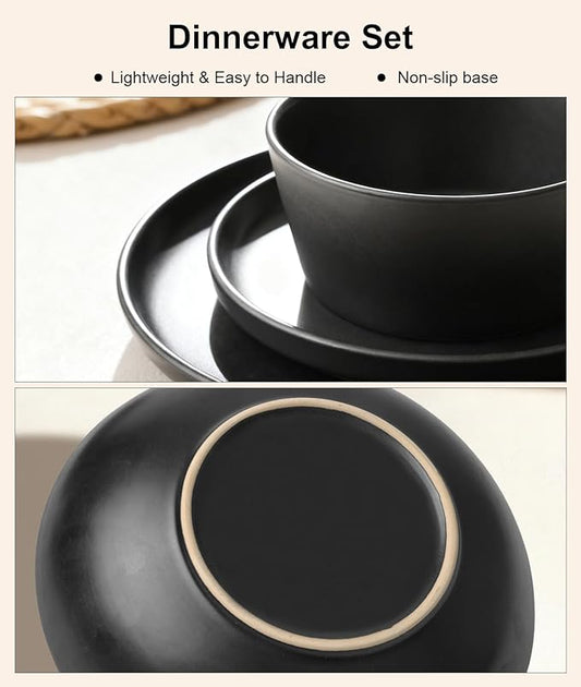 Matte Black Dish Plates and Bowls,16 Pieces Dinnerware Sets, Service for 4 Ceramic Dishware Dishes Set,Microwave and Dishwasher Safe