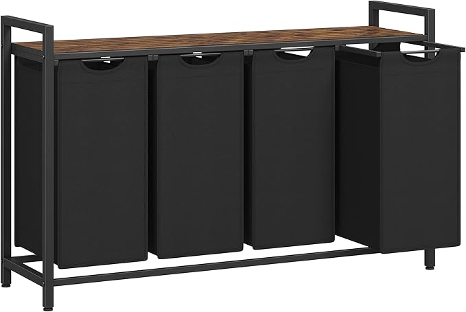 VASAGLE Laundry Hamper, Laundry Basket, Laundry Sorter with 4 Pull-Out and Removable Bags, Shelf, Metal Frame, 4 x 10.6 Gallons (40 L), 45.7 x 13 x 28.4 Inches, Ink Black and Rustic Brown UBLH401B01