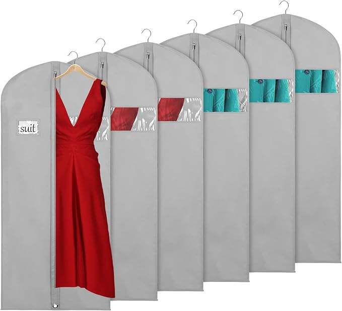 KEEGH Garment Bags for Hanging Clothes 60" (Set of 6) Dress Bags for Gowns Long Dress Bags for Closet Storage with Zipper and Eye-Hole for Folding for Suit Coats Dresses, Grey