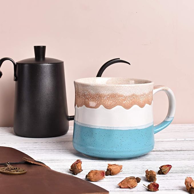 Bosmarlin Large Ceramic Coffee Mug, Big Tea Cup, 7 Colors to Choose, 21 Oz, Dishwasher and Microwave Safe, 1 PCS (Blue&White)