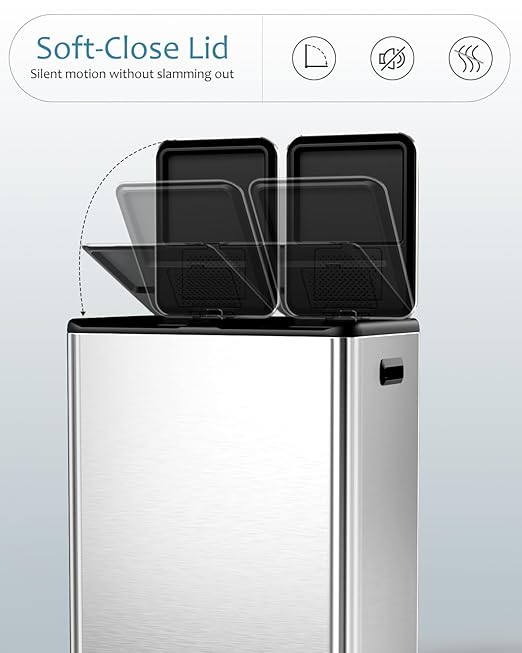 16 Gal (2 x 30 L) Dual Trash Can, Stainless Steel Kitchen Garbage Bin, Recycle Dustbin with Odor Control Box, Soft-Close Lid, Inner Buckets, Side Handle, Step Pedal, for Home Office