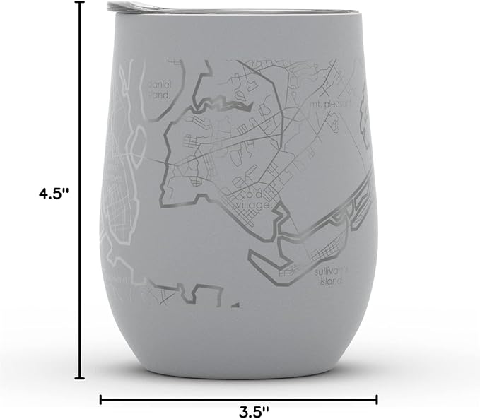 Well Told Engraved Charleston South Carolina Map Insulated Wine Tumbler, Etched Stainless Steel Cup (12 oz, Dockside Gray) City Map Insulated Tumbler, Custom Insulated Tumbler, Outdoor Drinkware