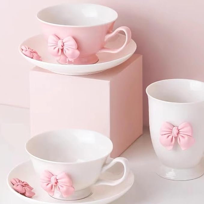 Bow Coffee Mugs Set with Saucer Coquette Mug 200 ML Violet Porcelain Coffee Tea Cup Bow Cute Mug for Women Girl