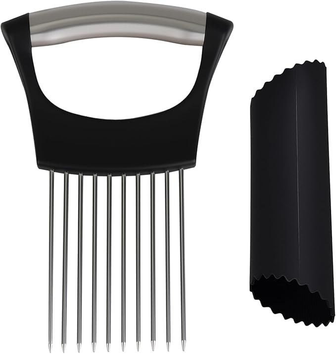 Stainless Steel Onion Holder for Slicing with A Garlic Peeler, Onion Slicer Holder, nion Cutter for Slicing of Onions, Tomatoes, Avocados, Eggs and Other Vegetables, KItchen Utensils