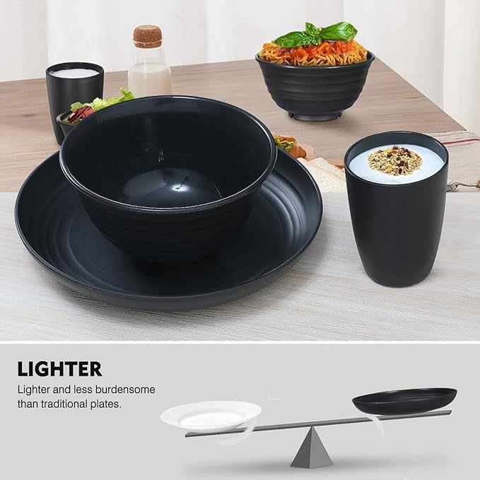 12pcs Plastic Wheat Straw Dinnerware Sets, Wheat Straw Plates and Bowls Sets for 4 College Dorm Room Essentials Microwave Dishwasher Safe (Black)