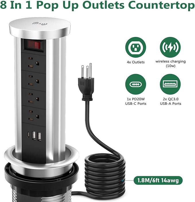 Pop Up Outlet Countertop with 10 W Wireless Charger, 4 Outlets,3 USB Ports, Splash Resistant, Automatic Pop Up Outlet for Kitchen Counter Islan, Office Conference Table