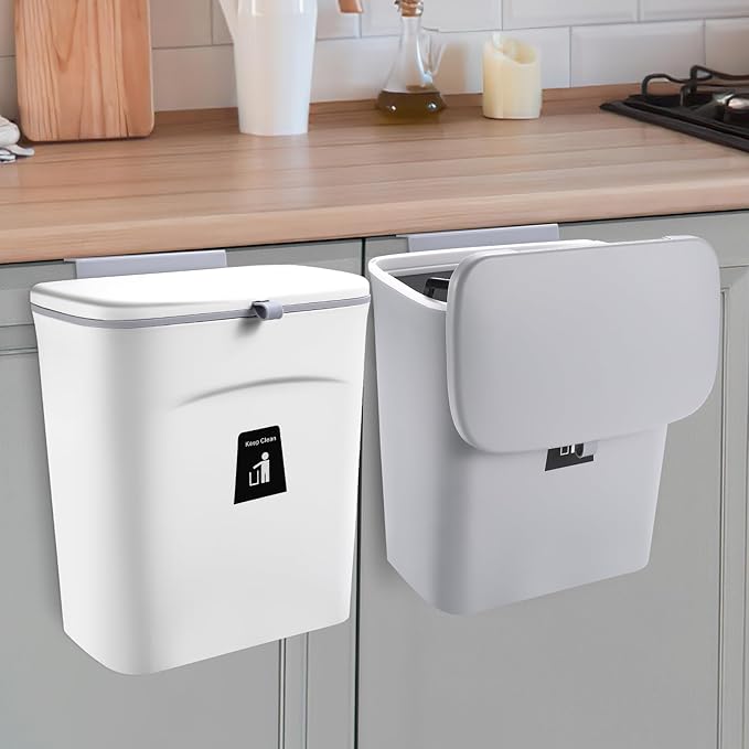 2 Pack Kitchen Compost Bin,Hanging Small Trash Can with Lid for Under Sink or Counter Top,Dustbin for Kitchen for Cabinet/Bathroom/RV//Camping//Office/Car