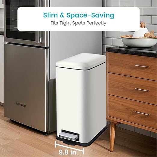 8 Gallon Slim Stainless Steel Trash Can with Step-on Lid, Narrow Space-Saving Kitchen & Bathroom Garbage Bin, White Metal Step Pedal Trash Can for Home, Office, Dorm