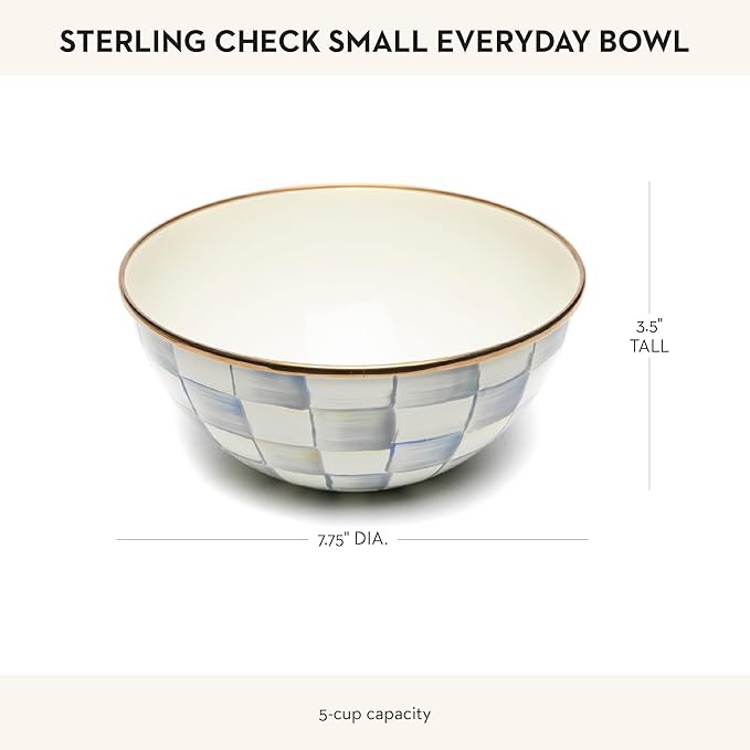 MACKENZIE-CHILDS Enamel Everyday Bowl, Serving Bowl for Entertaining, Small, Gray-and-White Sterling Check, Set of 1