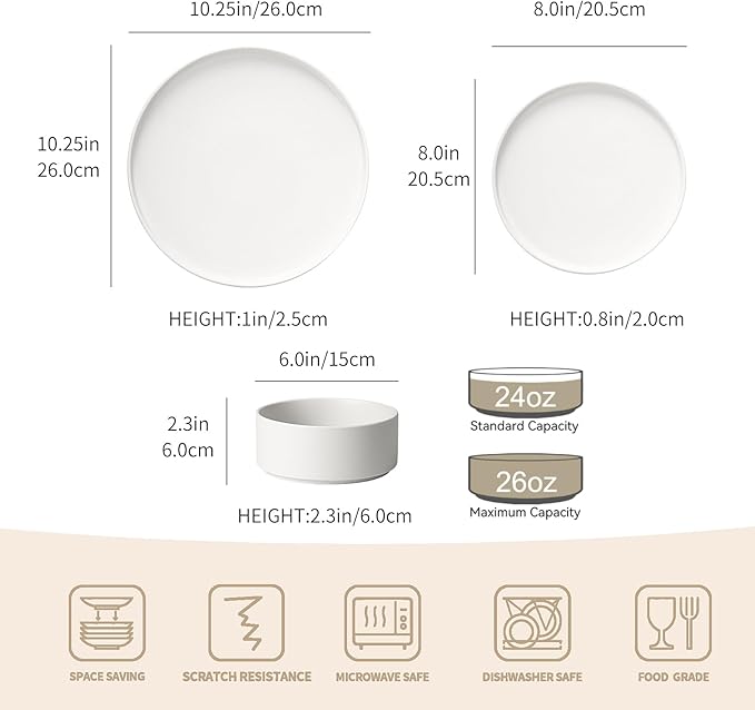 GZG Classic Series - Plates and Bowls Set for 6, 18 Piece Stoneware Dinnerware Sets, Microwave and Dishwasher Safe Lead-Free Handcrafted Ceramic Dishes Set - Ivory White