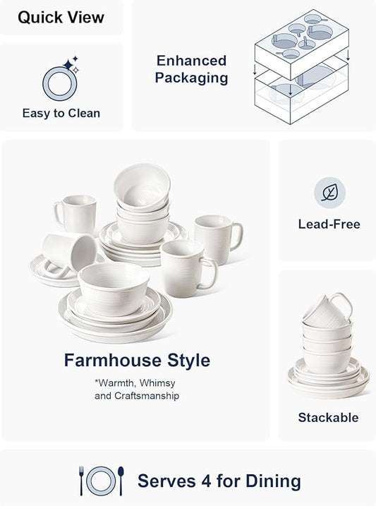 LE TAUCI Dishes Set with Mugs for 4, Stoneware Plates and Bowls Set, 10" Dinner & 8" Salad Plates, 6" Bowls, 18 oz Cups, Stackable, Microwave & Dishwasher Safe Ceramic Dinnerware, 16-Piece, White