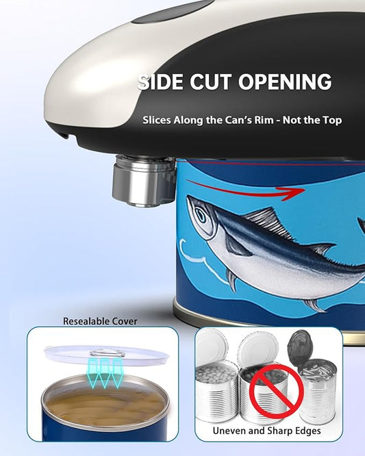 CIRCLE JOY Rechargeable Electric Can Opener, One-Touch Automatic Can Opening with Lid Remover & Smooth Edge Cutting, Food-Safe, Easy to Use for Seniors and Arthritis, Black White