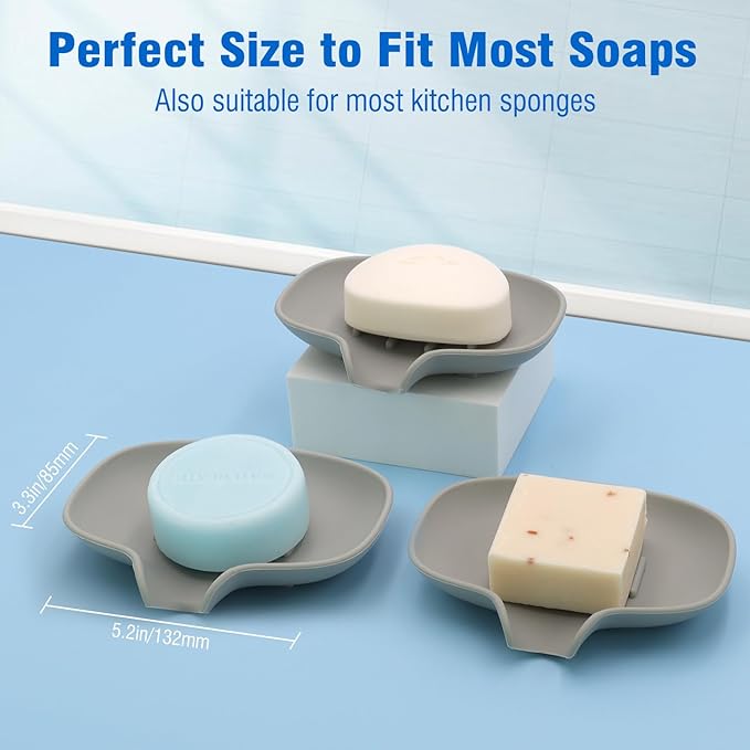 3 Pack Soap Bar Holder, AIMAIAIMAI Self Draining Soap Dish, Quick Drainage, Soap Dishes for Bathroom, Shower, Silicone Soap Tray for Kitchen, BPA-Free, Dishwasher Safe (Gray)