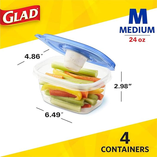 Glad GladWare To Go Snack Food Storage Containers - Medium Round - Meal Container Holds up to 24 Ounces of Food - Lock Tight Seal, 4 Count - 2 Pack