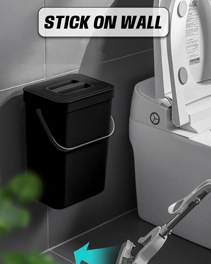 Kitchen Compost Bin - 3.2 Gallons Hanging Trash Can with Lid for Kitchen Bathroom, Under Sink Trash Can, Outdoor Compost Bucket with Lid, 12L(Black)