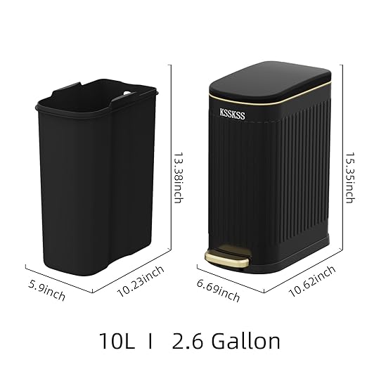 2.6 Gallon Slim Bathroom Trash Can with Soft Close Lid, 10L Stainless Steel Garbage Can with Removable Liner Bucket, for Narrow Spaces, Bathroom, Bedroom (Matt Black)