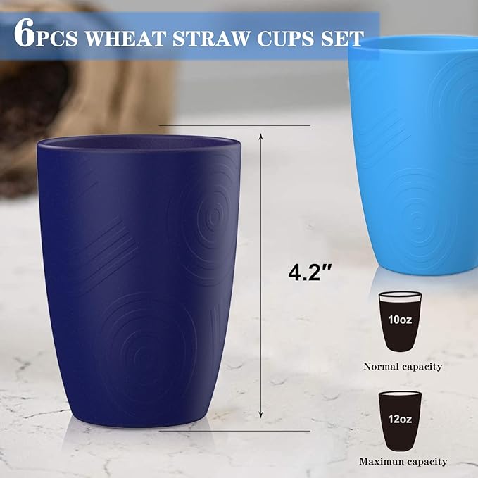 Homienly Glasses Drinking Set Premium Wheat Straw Cups Set of 6 Alternative to Plastic Cups Unbreakable Water Tumblers Reusable Cups for Kitchen Dishwasher Safe Water Glasses(12 OZ Blue Sky)