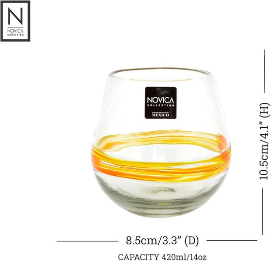 NOVICA Clear Yellow Stripe Hand Blown Glass Stemless Wine Glasses, 14 Oz, Round Ribbon Of Sunshine' (Set Of 6)
