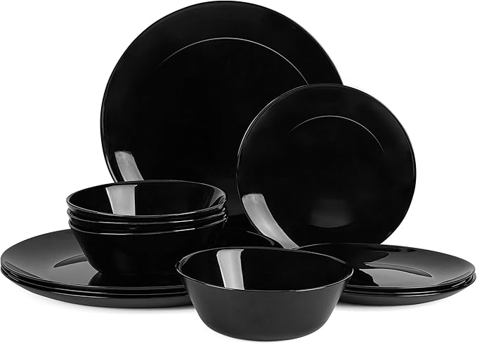 Dinnerware Sets for 4, LaGlint 12 Pieces Opal Glass Plates and Bowls Set, Dishwasher and Microwave Safe Dish Dinning Ware, Chip and Scratch Resistant Dishware Black