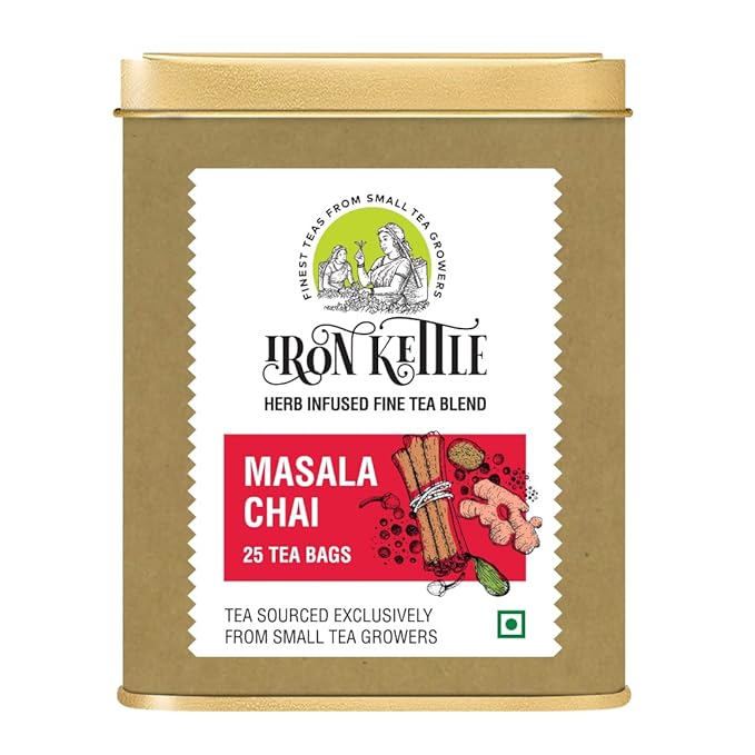 Iron Kettle Masala Chai | Premium Assam CTC tea bag blended with natural spices for strong & spicy sweet flavor | Sourced exclusively from small tea growers with higher fine leaf count | 25 Tea bags