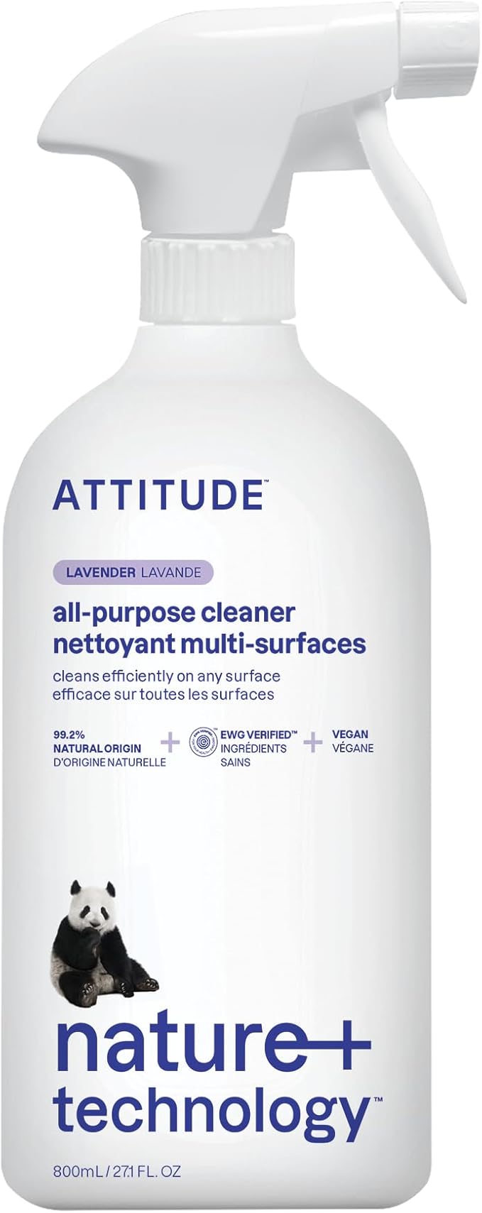 ATTITUDE All Purpose Cleaner Spray, EWG Verified, Vegan, Made with 94% Plant-Based Ingredients, Streak-Free for Kitchen, Bathroom, Glass & More, Lavender Scent, 27.1 Fl Oz