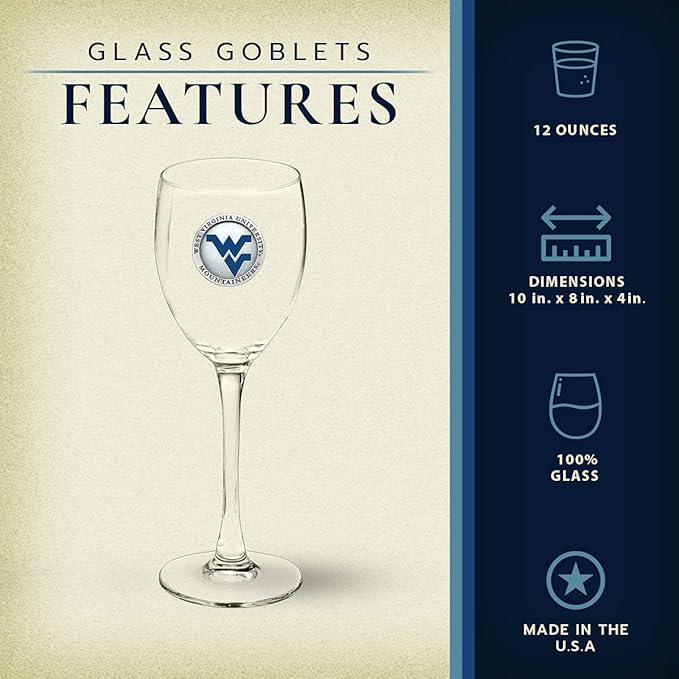 Heritage Pewter West Virginia Mountaineers Glass Goblets β Set of 2 | 12 OZ Goblet Wine Glasses | Expertly Crafted Pewter Glass