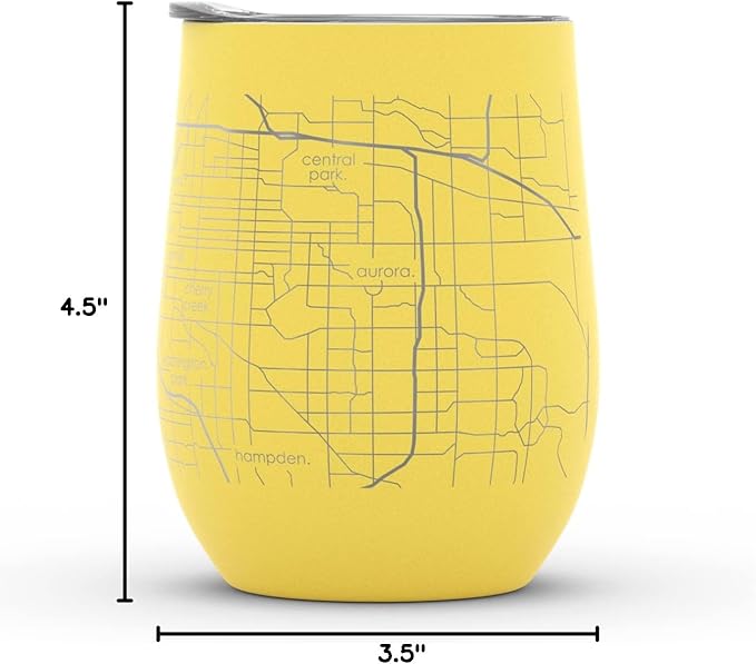 Well Told Engraved Denver Colorado Map Insulated Wine Tumbler, Etched Stainless Steel Cup (12 oz, Sunrise Yellow) City Map Insulated Tumbler, Custom Insulated Tumbler, Outdoor Drinkware