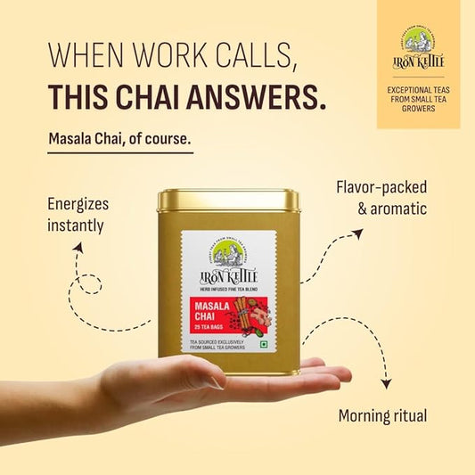 Iron Kettle Masala Chai | Premium Assam CTC tea bag blended with natural spices for strong & spicy sweet flavor | Sourced exclusively from small tea growers with higher fine leaf count | 25 Tea bags