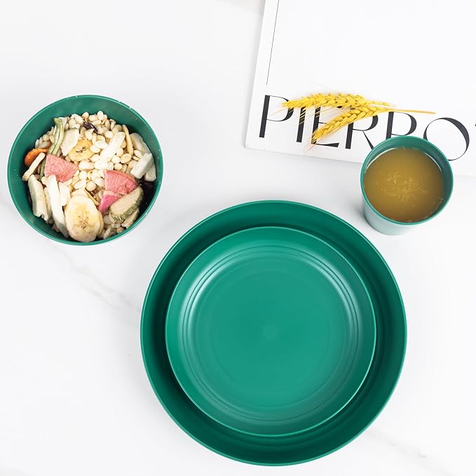 LIYH 24 Pcs Plastic Wheat Straw Dinnerware Set of 6 Plates and Bowls Set Reusable Plates Camping Plates Cups and Bowls Unbreakable Dinnerware Set(Green)
