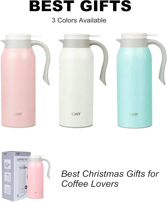 GiNT 51 Oz Stainless Steel Thermal Coffee Carafe, Double Walled Vacuum Insulated Flask, 12 Hour Heat Retention, 1.5 Liter Tea, Water, and Coffee Dispenser (Upgraded version Pink)