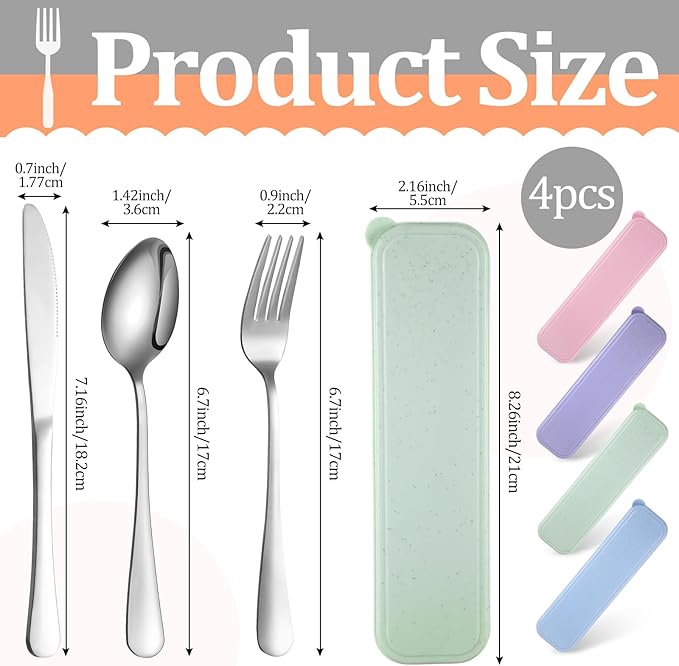 Yinkin 4 Pack Portable Travel Utensils Set with Case Reusable Stainless Steel Silverware Flatware Camping Cutlery Include Fork Spoon Knife for Work School Dishwasher Safe (Purple, Green, Blue, Pink)
