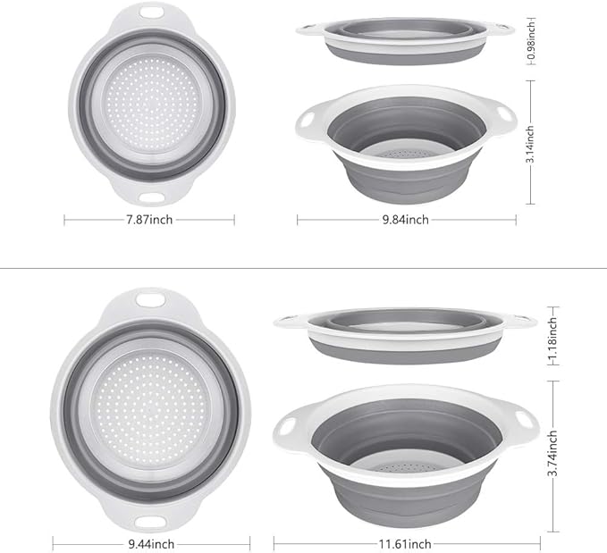QiMH Collapsible Colander and Strainer Set of 3-2 PC 4 Quart(1 gal) and 1 PC 2 Quart(0.5 gal) - BPA Free & Dishwasher-safe Silicone Kitchen Foldable Strainer for Pasta, Veggies