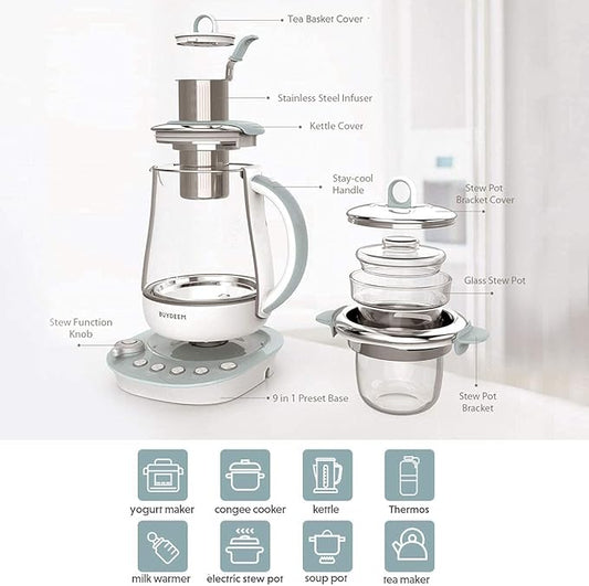 BUYDEEM K2683 Health-Care Beverage Tea Maker and Kettle, 9-in-1 Programmable Brew Cooker Master, 1.5 L, Spruce Blue