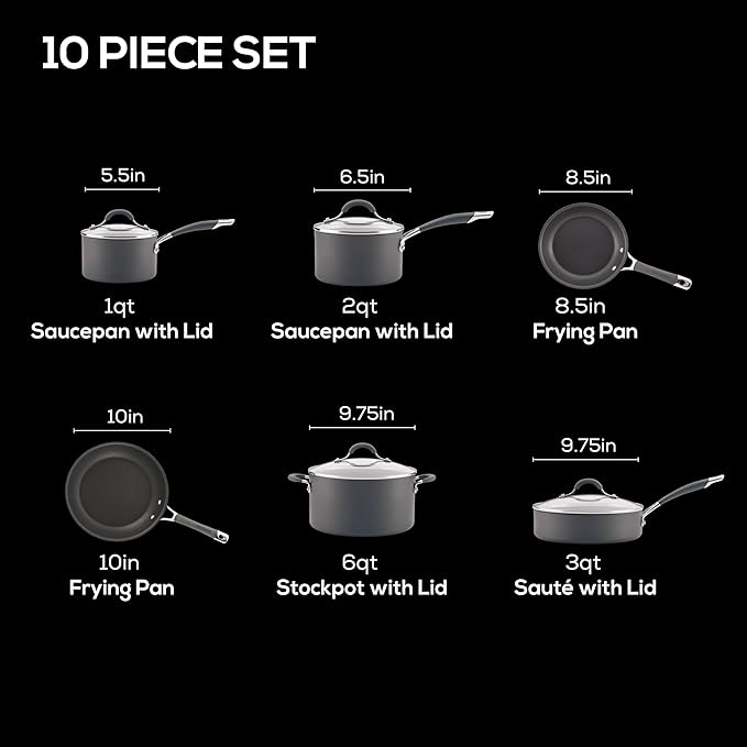 Circulon 83903 Radiance Hard Anodized Nonstick Cookware Pots and Pans Set, 10 Piece, Gray