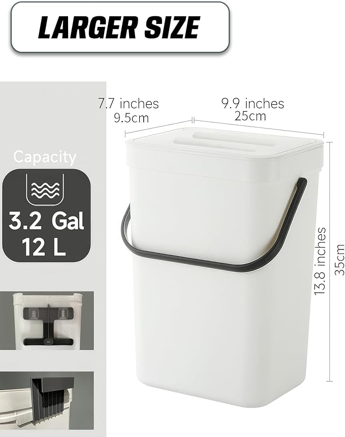 Kitchen Compost Bin - 3.2 Gallons Hanging Trash Can with Lid for Kitchen Bathroom, Under Sink Trash Can, Outdoor Compost Bucket with Lid, 12L(White)