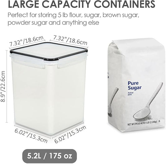 Vtopmart 4 PCS Large Food Storage Containers 5.2L / 175oz, 4 Pieces BPA Free Plastic Airtight Canisters for Flour, Sugar, Baking Supplies, Rice with Lids, 4 Measuring Cups and 24 Labels, Black