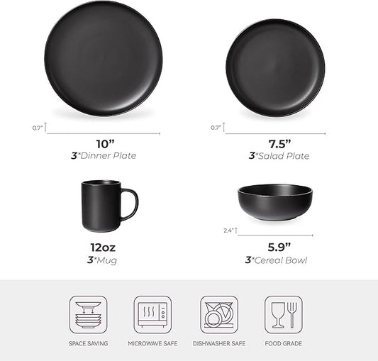 12-Piece Stoneware Dinnerware Set with Mugs | Microwave and Dishwasher Friendly | Stackable Matte Glaze Plates & Bowls | Service for 3 (Black for 3)