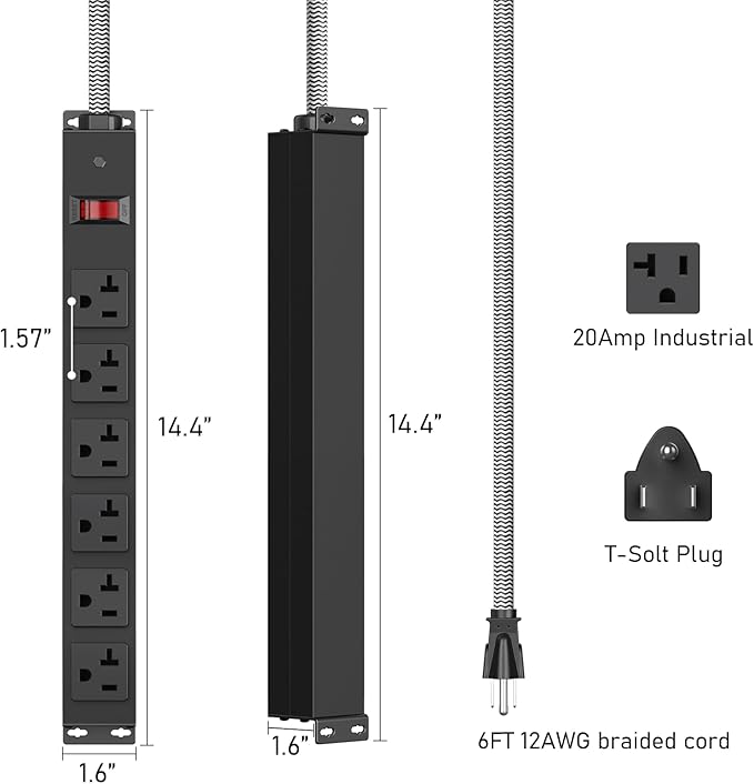 Heavy Duty Power Strip 20 amp Surge Protector,Wall mountable Power Strip,12 Gauge Extension Cord 5-15P Adapter High Amp 6-20R T-Slot Industrial Outlet,for Garage,Workshop & Industrial