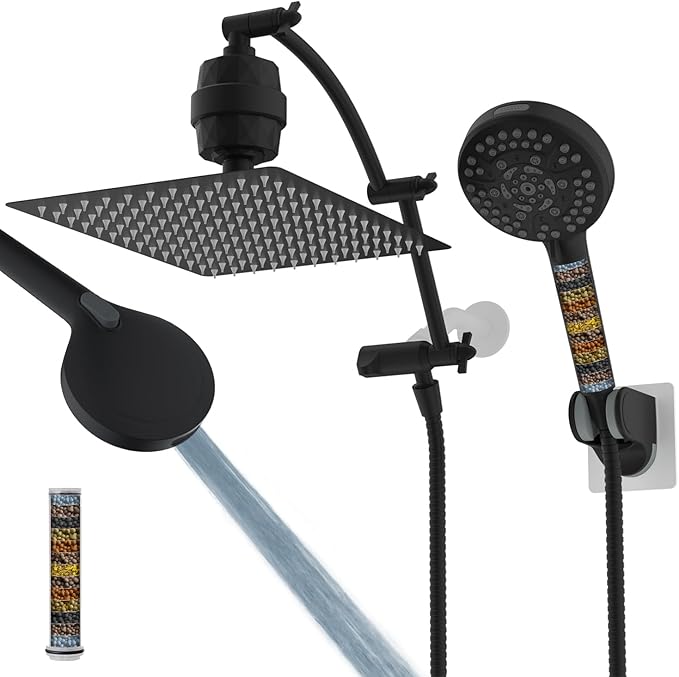 Hibbent All Metal 12'' Filtered Rainfall Shower Head Combo, High Pressure Handheld Shower Head with 16'' Adjustable Arc Extension Arm, 20 Stage Shower Filter, 10-spray, 71'' Shower Hose, Matte Black