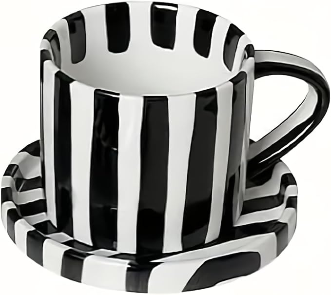 Tea Cup and Saucer, Ceramic 8 oz coffee mug, Dishwasher Safe and Microwave Safe, Black and White