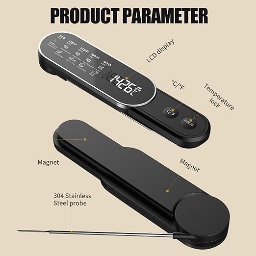 Rechargeable Meat Thermometer Digital with Ultra-Fast 0.5 Sec Instant Read, NIST Certified ±0.5°F Accuracy, Auto-Rotating Backlight Display, IP67 Waterproof, Oven Safe for Grill, BBQ, Smoker, Candy