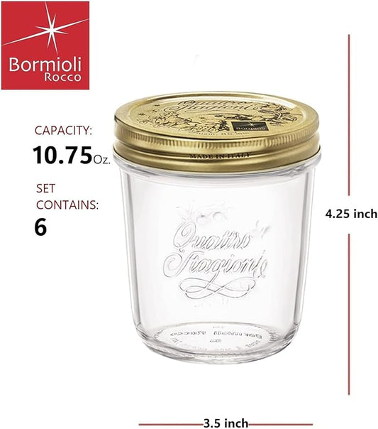 Bormioli Rocco Quattro Stagioni Mason Jar (Set of 6) - 10.75 Oz Wide Mouth Glass Jar with Airtight Twist Lid - Classic Beehive Embossed Design for Canning, Storage & Recipes - Made in Italy, BPA Free
