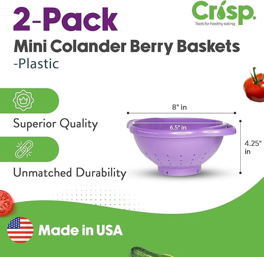 Crisp 2-Piece Mini Colander Berry Baskets With Handles - Food Strainers For Kitchen - Small Colander For Berries, Strawberry & Grape - Dishwasher Safe Berry Strainer - Made in the USA - Purple