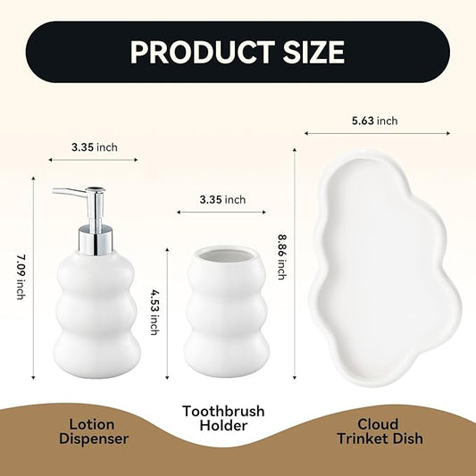 3-Piece White Ceramic Bathroom Accessories Set with Tray, Lotion Dispenser, and Tumbler for a Luxurious Bath Experience